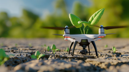 A drone is positioned in soil with a sprouting green plant, demonstrating the intersection of modern technology and environmental agriculture for sustainable growth.の素材