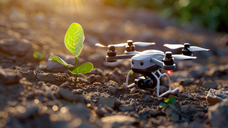 A small drone monitors a young plant growing in soil, symbolizing innovation in agriculture and technology to enhance environmental sustainability.の素材
