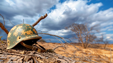 A military helmet rests on parched earth, surrounded by a vast dry landscape. Dramatic clouds loom overhead, adding depth to this haunting scene.の素材