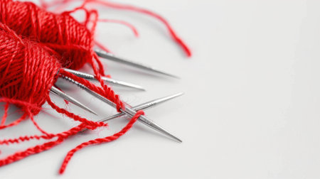 Focused view of vibrant red yarn with silver knitting needles placed on a clean white background, ideal for sewing and crafting inspiration.の素材