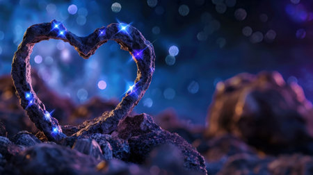 A beautiful heart-shaped decoration adorned with sparkling lights sits among rocks, creating a serene and romantic atmosphere under a starry night sky.の素材