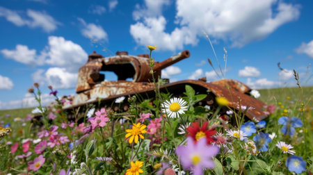This captivating image features an abandoned rusty tank nestled among vibrant wildflowers, set against a stunning blue sky dotted with fluffy clouds, symbolizing nature reclaiming its space.の素材