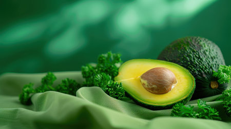 A vibrant avocado halved to reveal its creamy yellow flesh and seed sits gracefully on soft green fabric, surrounded by lush greenery. Ideal for healthy food themes.の素材