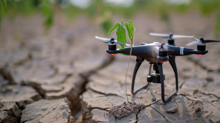 A drone is positioned on cracked, dry soil, symbolizing innovative agricultural technologies used for reforestation. A small green sprout emerges, highlighting growth initiatives.の素材