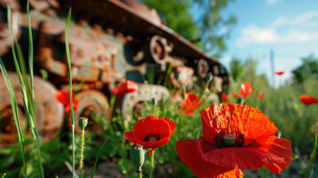 An abandoned tank partially obscured by bright red poppies creates a striking contrast in a tranquil overgrown field, symbolizing nature's resilience.の素材