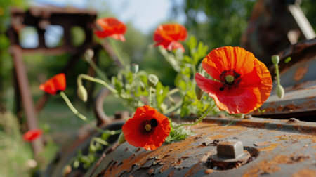A stunning close-up of bright orange poppies blooming on a weathered rusty metal surface, showcasing nature's resilience and beauty in a tranquil setting.の素材