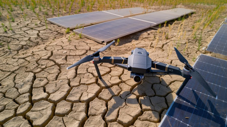 A drone sits on dry, cracked soil beside solar panels, illustrating the intersection of technology and environmental sustainability in agriculture.の素材