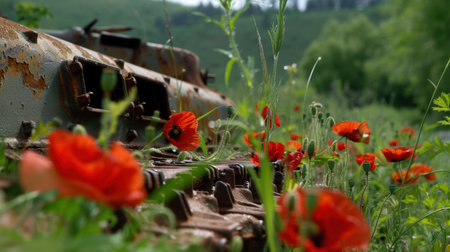 An evocative image of a rusty tank surrounded by vibrant red poppies, highlighting nature's beauty reclaiming a war relic in a serene landscape.の素材