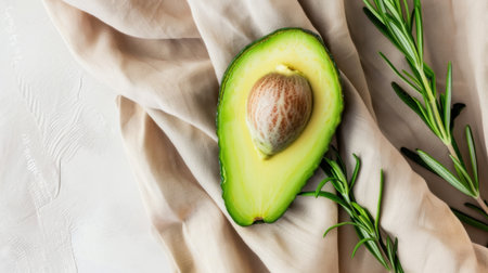 A vibrant avocado cut in half is showcased on soft fabric, accompanied by fresh green herbs, symbolizing healthy eating and cooking ideas.の素材