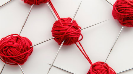 This image features vibrant red yarn balls intertwined with sewing needles on a clean white background. Perfect for showcasing creativity and craft projects.の素材