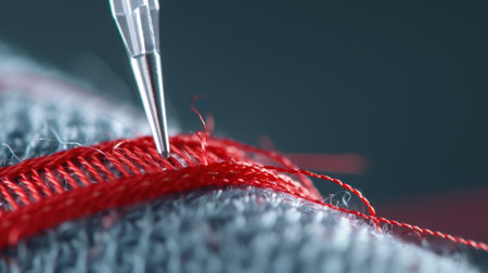 This macro image captures a needle piercing vibrant red thread through textured fabric, illustrating the intricacies of the sewing process in fabric arts.の素材
