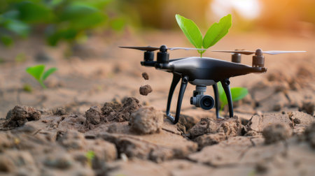 A modern drone is positioned on soil, with a young green plant emerging nearby. The image captures the interplay of technology and nature, highlighting innovation in agriculture during a beautiful golden hour.の素材