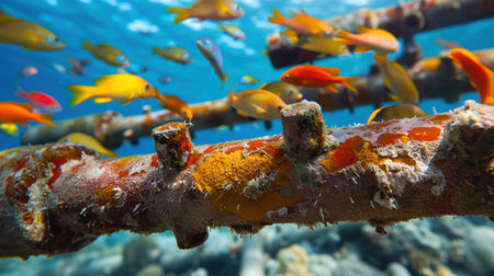 This stunning underwater scene captures a vibrant coral reef teeming with colorful tropical fish swimming gracefully among submerged structures. The clear blue ocean provides a beautiful backdrop, highlighting the rich diversity of marine life in a serene and tranquil environment.の素材