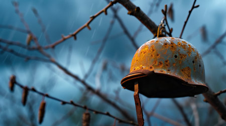 A close-up shot of a weathered rusty bell hanging from a tree branch against a moody, rainy backdrop, capturing nature's quiet beauty and nostalgia.の素材