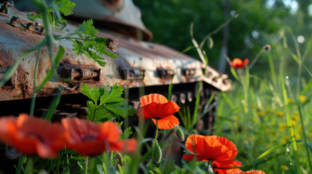 A striking blend of nature and history, this image captures a rusted tank camouflaged by bright poppies in a lush green field. The soft light enhances the beauty of the scene.の素材