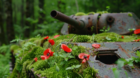 An abandoned military tank transformed into a serene natural landscape, adorned with vibrant red poppies and vibrant green moss in a lush forest.の素材