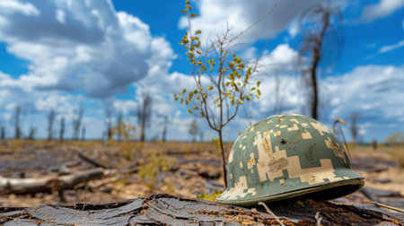 A camouflage helmet rests on the charred earth, surrounded by new growth against a backdrop of blue sky and fluffy clouds, reflecting resilience and change.の素材