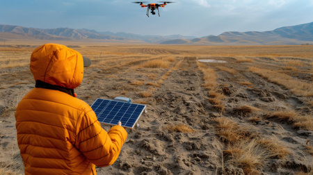 A person in an orange jacket operates a drone equipped with a solar panel in a vast dry terrain, showcasing modern technology in nature.の素材