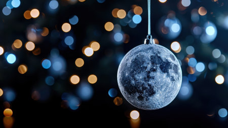 A beautiful moon ornament dangles from a Christmas tree, surrounded by vibrant bokeh lights, creating a magical and festive ambiance for winter celebrations.の素材