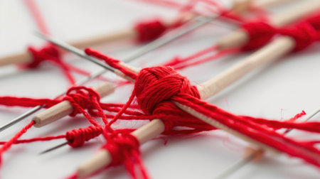 This image showcases a close-up of red threads and sewing needles intricately arranged on a white background, emphasizing the artistry of crafting.の素材