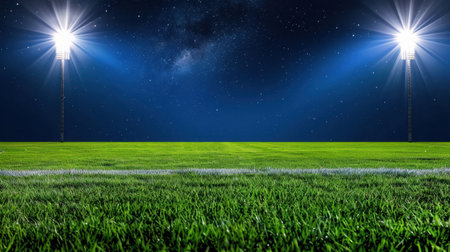 This captivating nighttime image showcases a soccer field bathed in bright lights, creating a dynamic and inviting atmosphere for sports enthusiasts.の素材