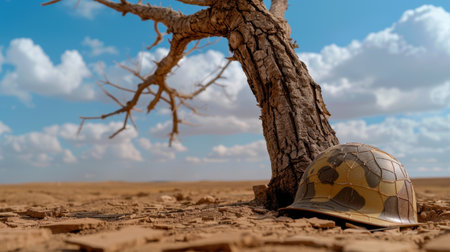 A striking image of a military helmet resting beside a lifeless tree in a desolate landscape, capturing themes of conflict and resilience under a vast blue sky.の素材