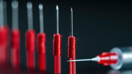 A detailed close-up of sewing needles with vibrant red thread, highlighting the precision and creativity in textile crafts against a striking dark background.の素材