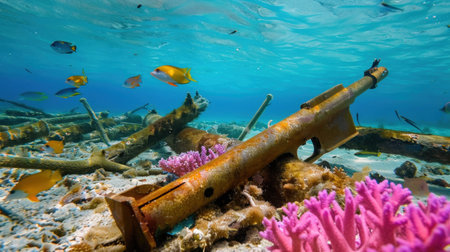 Explore a captivating underwater scene featuring a rusty gun surrounded by vibrant coral and a variety of colorful fish, showcasing ocean ecology.の素材
