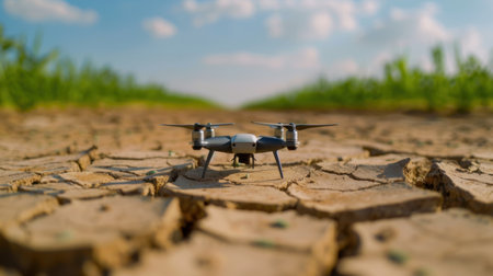 A small drone sits on dry, cracked soil in an agricultural field, capturing the contrast of modern technology against a natural landscape under a blue sky.の素材
