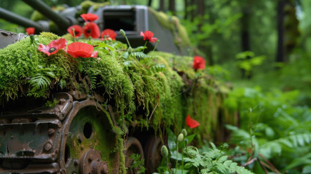 Explore the serene beauty of nature reclaiming its space with this image of an abandoned tank adorned with vibrant moss and delicate flowers in a lush forest.の素材