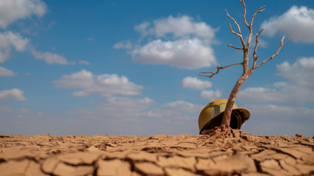 A striking image of a single tree growing from dry, cracked earth alongside a construction helmet, symbolizing resilience and hope in harsh conditions.の素材