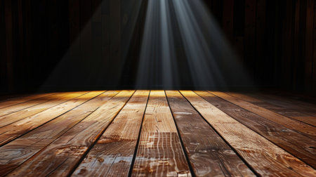 A captivating image featuring dramatic light beams illuminating a rustic wooden floor, creating stunning shadows and an artistic atmosphere. Perfect for backgrounds or artistic projects.の素材