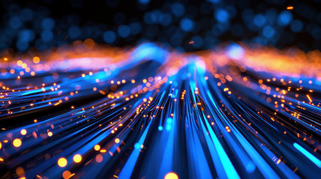 This visually striking abstract background features flowing blue and orange light trails, creating a dynamic atmosphere perfect for digital art and technology projects.の素材