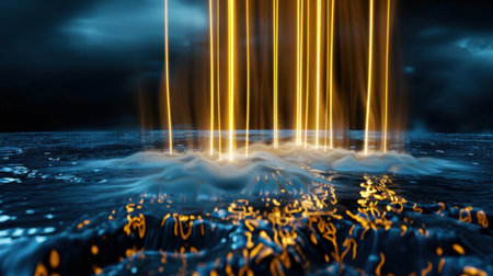 This captivating image features vibrant golden light beams breaking through a stormy, dark sky, creating a stunning contrast over the calm ocean. The interplay of light and water evokes feelings of peace and tranquility.の素材