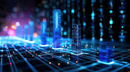 This captivating abstract image features glowing data towers and binary symbols, representing the dynamic world of digital technology and data analysis.の素材