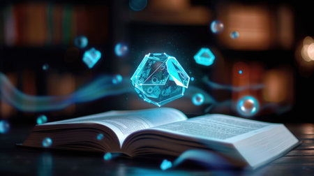 An enchanting scene featuring an open book with floating blue crystal shapes. Ideal for themes of magic, knowledge, and imagination in a cozy library setting.の素材