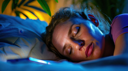 A serene scene of a woman peacefully sleeping in a cozy bedroom illuminated by warm lighting and surrounded by green plants, capturing tranquility and relaxation.の素材