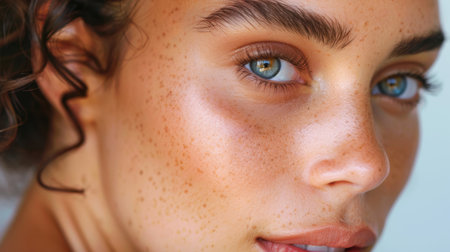 This captivating close-up portrait features a young woman with striking blue eyes and charming freckles. Her radiant skin and natural beauty highlight a sense of tranquility and confidence.の素材