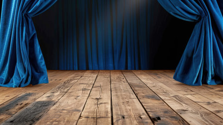 This image features elegant blue stage curtains positioned above a rustic wooden floor, creating an inviting atmosphere for theatrical performances and events.の素材