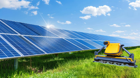 A cutting-edge robotic mower tends to lush grass near solar panels, highlighting advancements in energy-efficient technology under a sunny sky.の素材