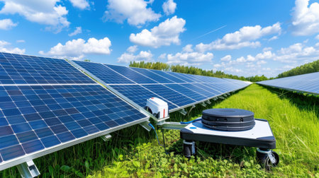 A vibrant solar farm featuring advanced solar panels and a monitoring drone, set in a lush green field under a bright blue sky adorned with fluffy clouds.の素材