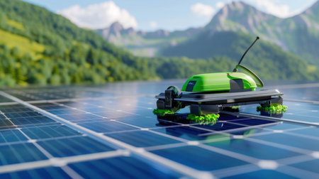 A sleek robotic solar cleaner operates on photovoltaic panels, reflecting bright sunlight with a stunning mountain backdrop, showcasing innovative technology for sustainability.の素材