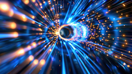 An intriguing digital artwork displaying an abstract tunnel filled with vibrant blue and orange light trails, perfect for creative projects or backgrounds.の素材