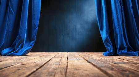 A captivating view featuring dramatic blue curtains opening on a rustic wooden stage, creating a perfect setting for theatrical performances and artistic expression.の素材