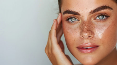A mesmerizing close-up portrait of a woman showcasing her natural beauty with freckles and clear skin. Soft lighting enhances her serene expression and elegance.の素材