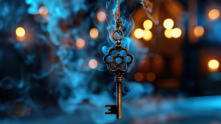 A stunning vintage key hangs gracefully in swirling smoke, surrounded by soft warm bokeh lights. This enchanting image evokes mystery and charm.の素材