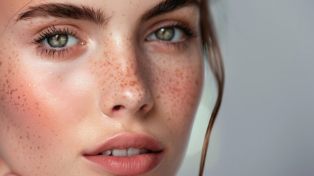This stunning close-up captures a young woman's beauty, highlighting her freckles and glowing skin. The natural makeup enhances her captivating eyes and soft expression.の素材