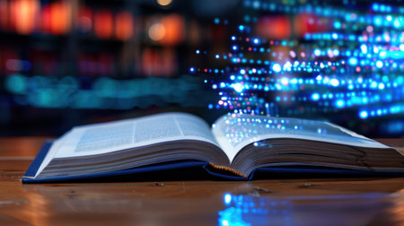 An open book sits on a wooden surface, with vibrant light effects and streams of data emerging from its pages, symbolizing the fusion of knowledge and technology.の素材