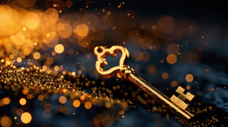 A mesmerizing golden key rests gracefully on a shimmering surface, surrounded by enchanting bokeh lights that create a magical atmosphere of elegance and allure.の素材