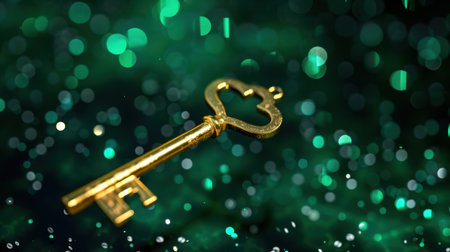 A detailed close-up of a golden key resting on a lush green backdrop, accented by sparkling bokeh effects that enhance the enchanting atmosphere.の素材